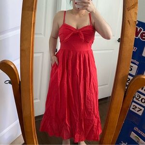 💃🏻tie front midi dress vibrant coral red adjustable straps cotton blend summer M
